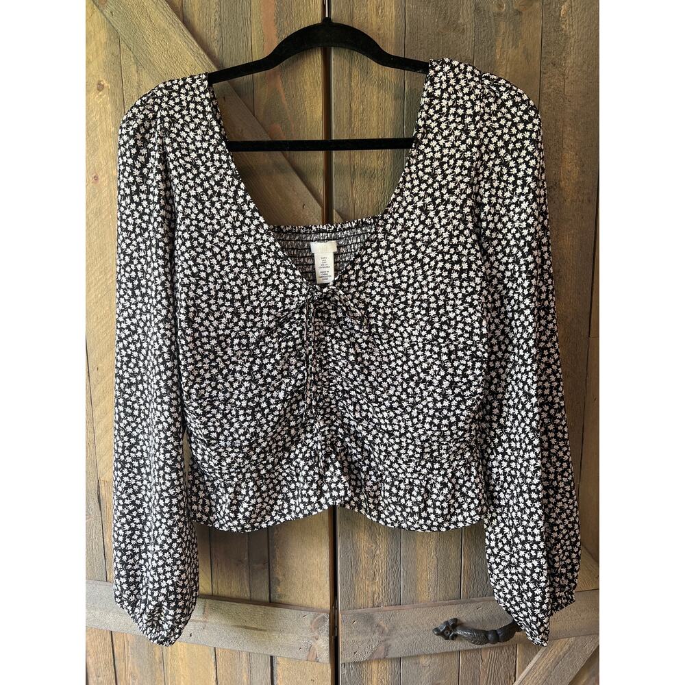H&M Black Floral Long Sleeve Draped Blouse